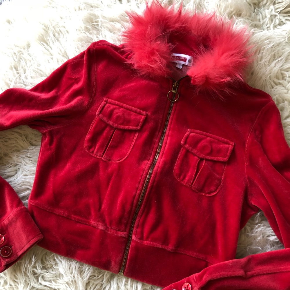 Real fur collar red velvet short jacket - Picture 1 of 5